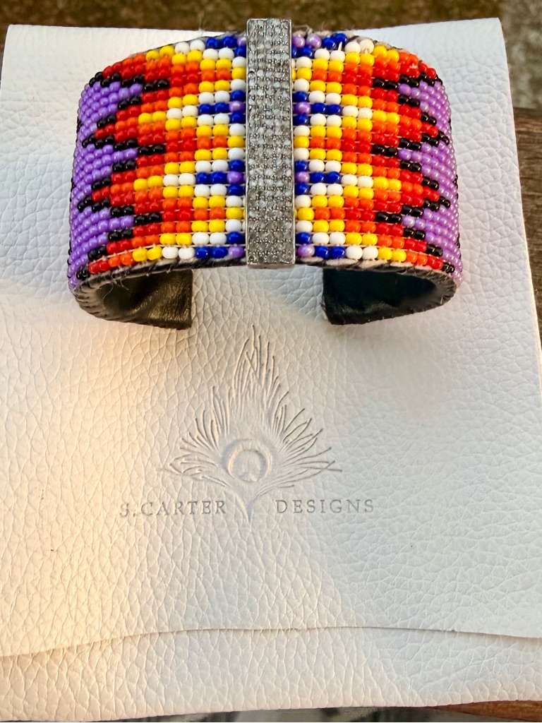 S. Carter Designs African Beaded Cuff Bracelet With Pav Diamond Bar. Adjustable